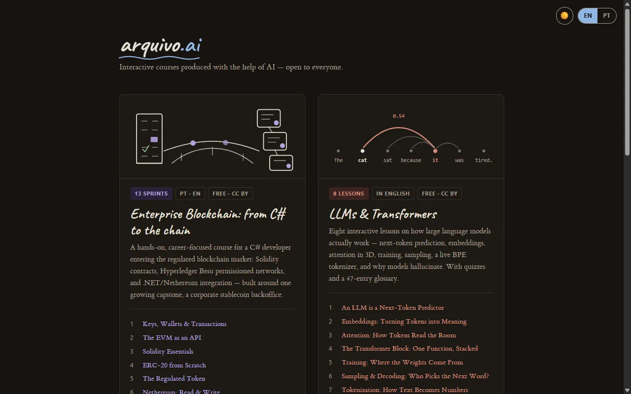 arquivo.ai course catalog listing the published courses