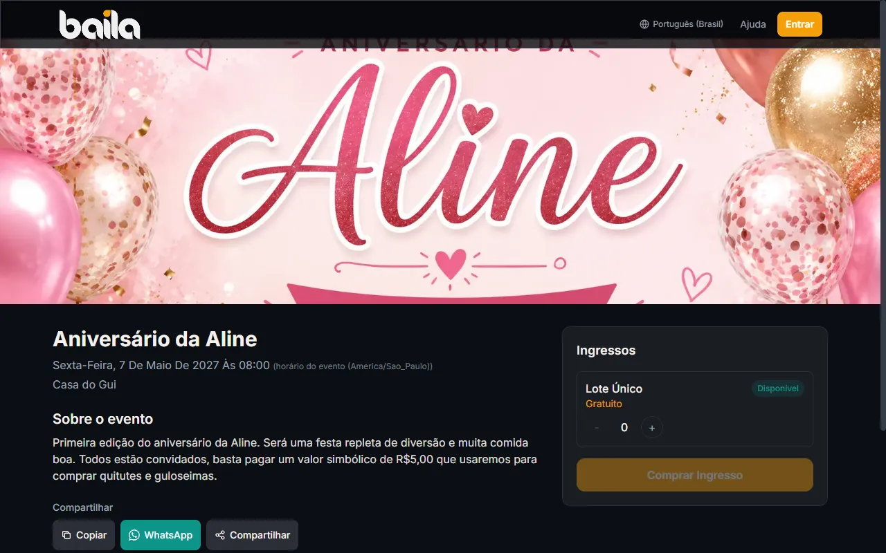 Baila event page with ticket purchase widget