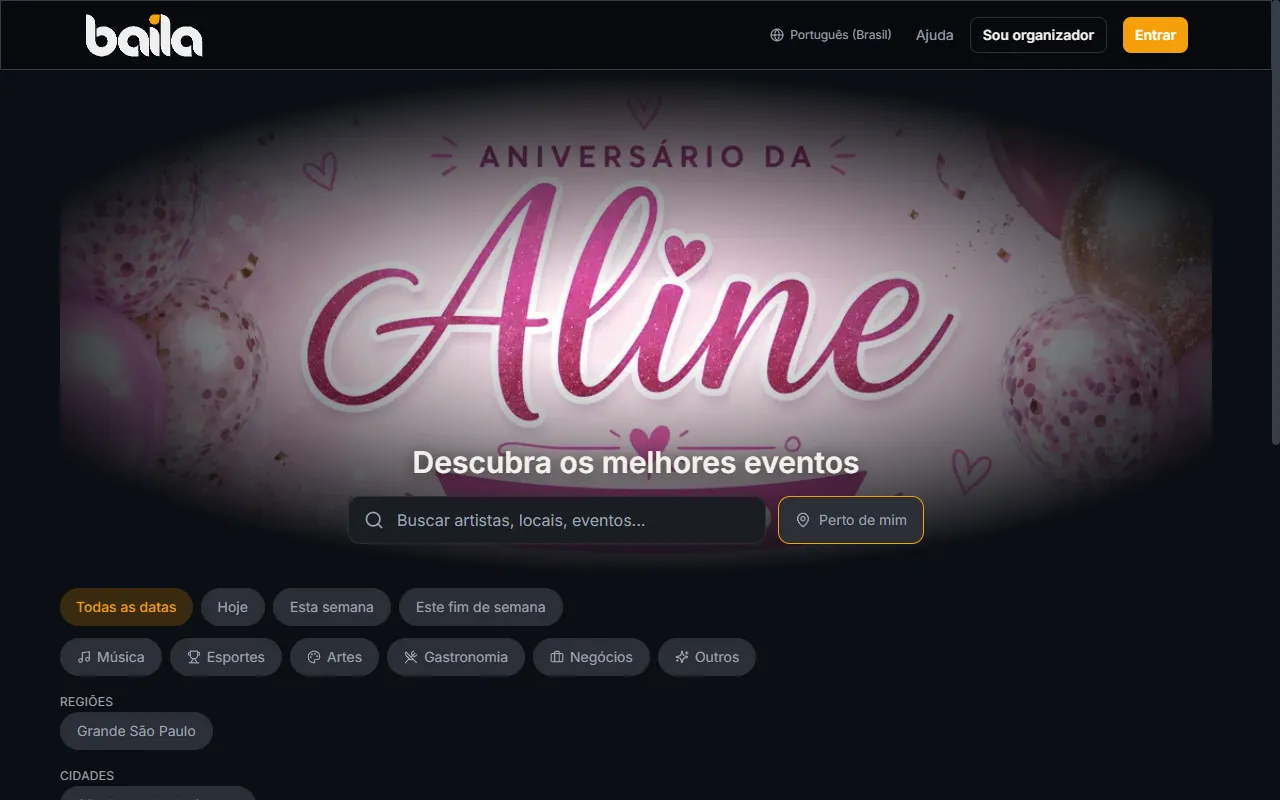 Baila home page with event discovery and search