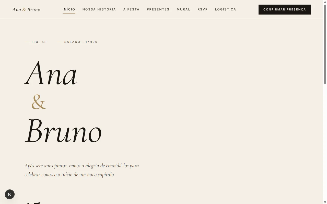 Wedding site home page with the couple names, venue and date